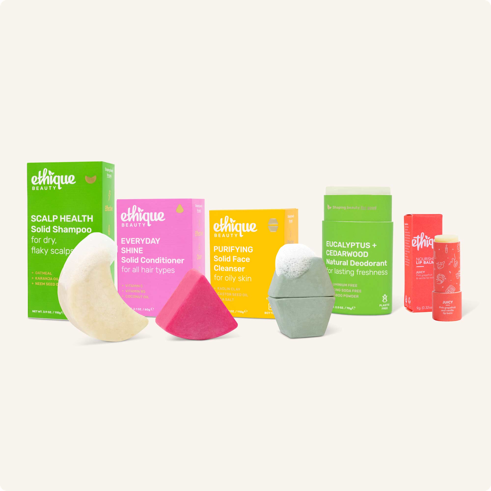Bestseller Bundle - Scalp Health Shampoo, Everyday Shine Conditioner, Purifying Face Cleanser, Eucalyptus and Cedarwood Deodorant, and Juicy Lip Balm