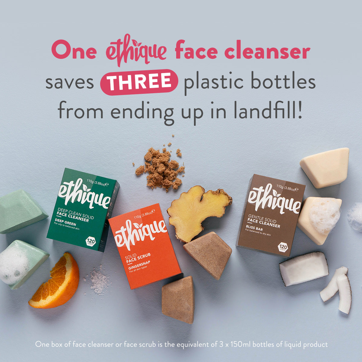 One ethique face cleanser saves three plastic bottles from ending up in landfill