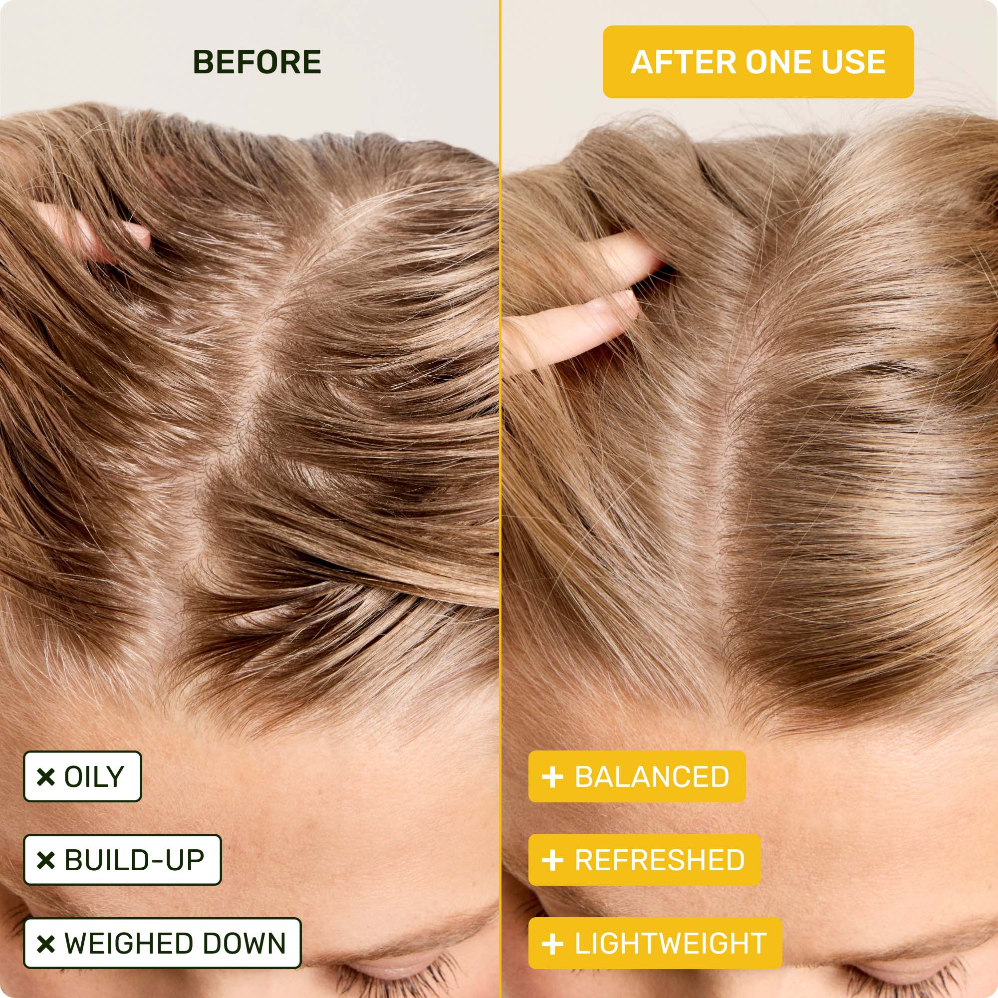 Before - oily, build-up, weighed down. After one use - balanced, refreshed, lightweight.