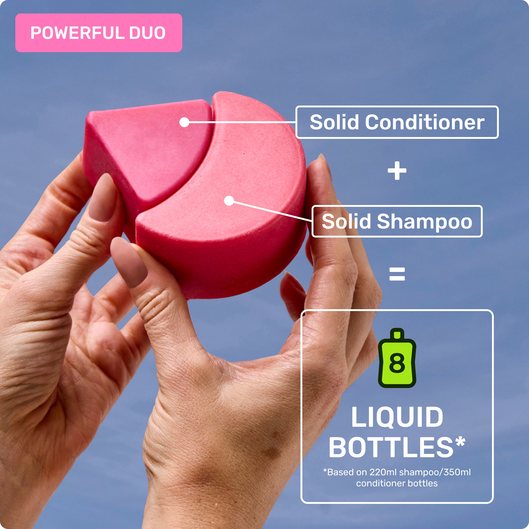 Powerful duo - solid shampoo and conditioner. 8 liquid bottles* *Based on 220ml shampoo/350ml conditioner bottles