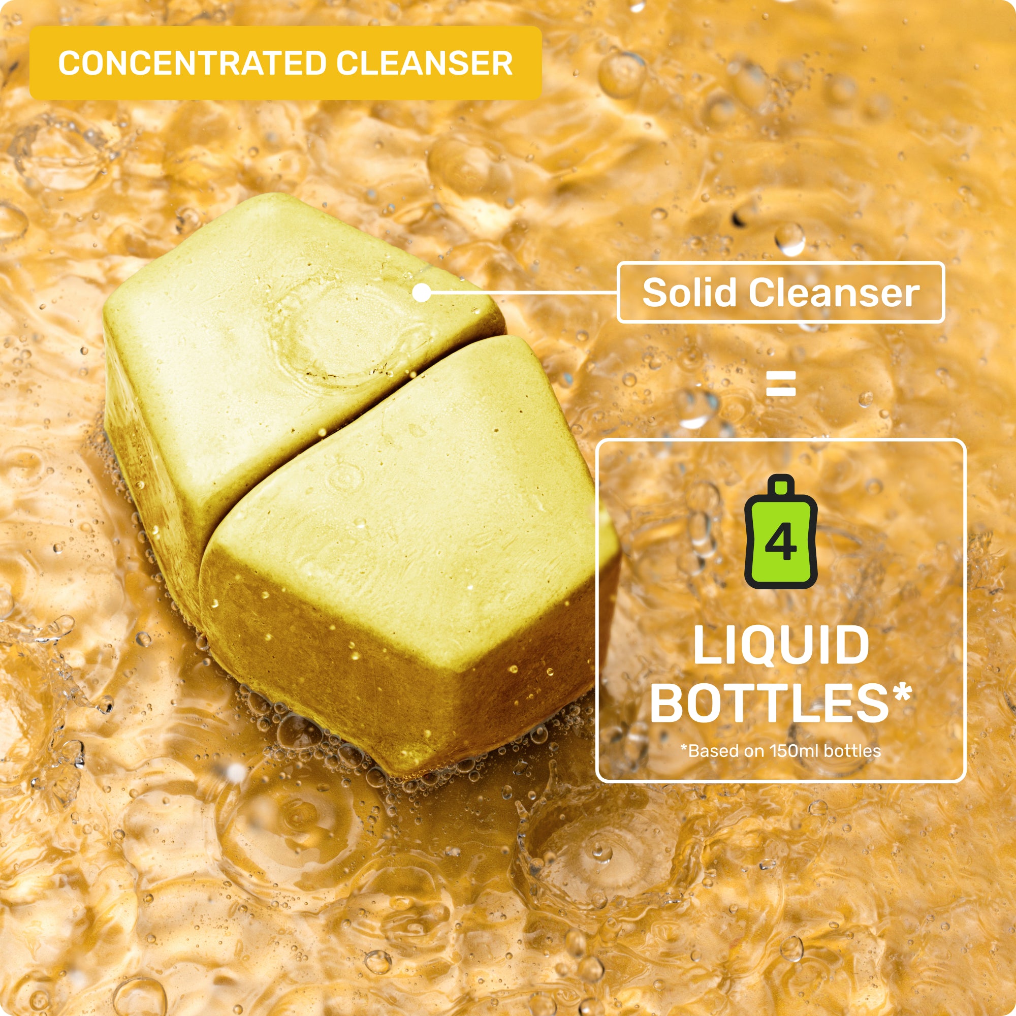 Concentrated cleanser. Solid cleanser. 4 liquid bottles* *based on 150ml bottles