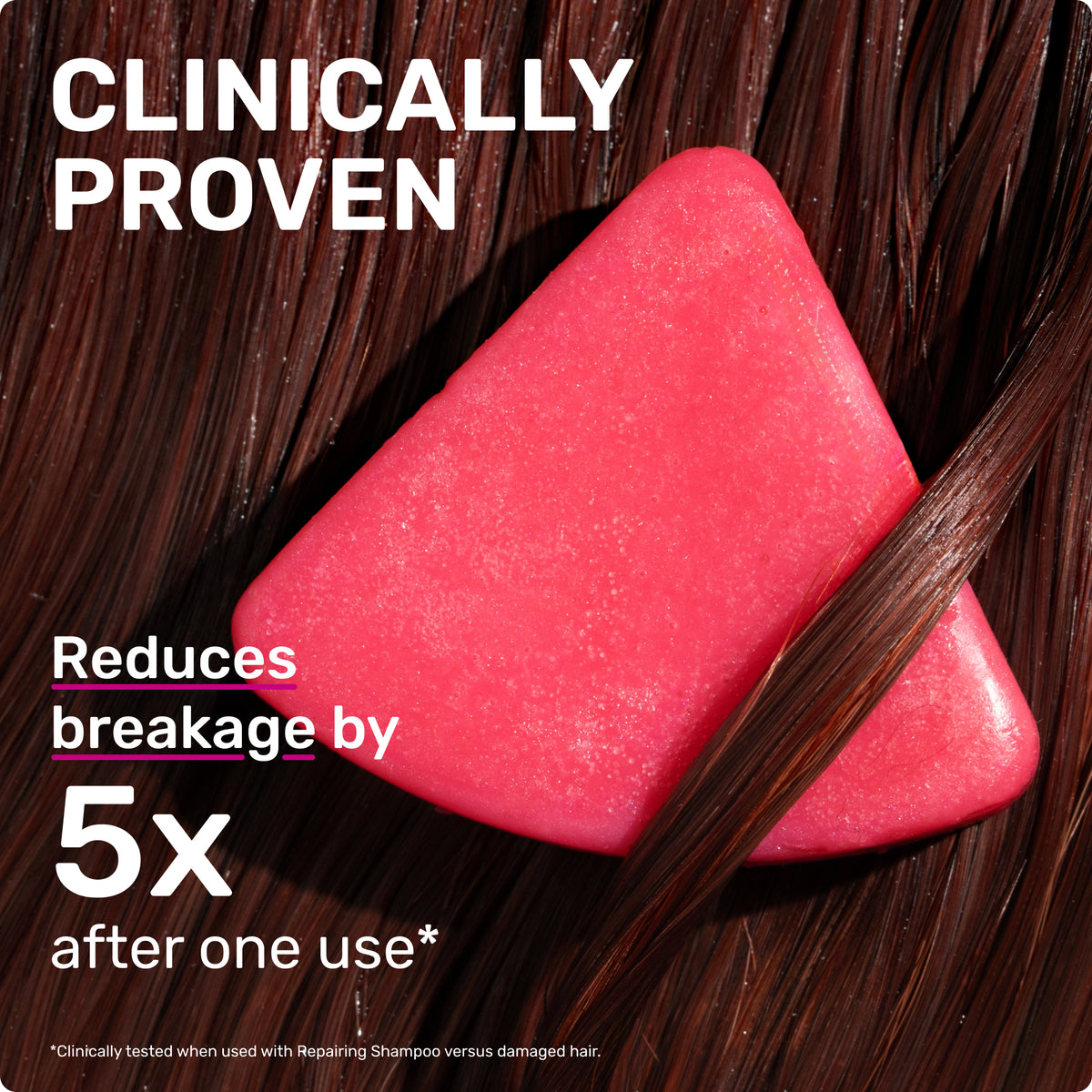 CLINICALLY PROVEN
Reduces breakage by 5x after one use *
*clinically tested when used with repairing shampoo versus damaged hair.
