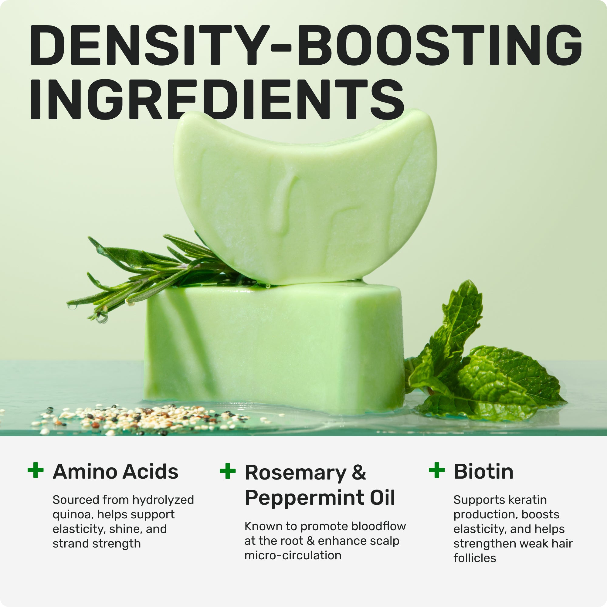 Density boosting ingredients

Amino Acids 
Sourced from hydrolized quinoa, helps support elasticity, shine, and strand strength

Rosemary + Pepperment oil 
Known to promote bloodflow at the root + enhance scalp micro-circulation 

Biotin 
Supports Keratin production, boosts elasticity, and helps strengthen weak hair follicles